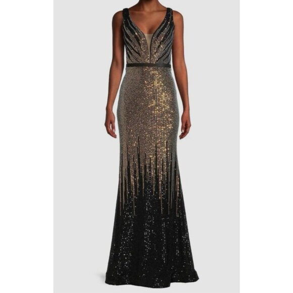 Basix Formal Gown 16 Bronze Sequin Open Back Side Slit Prom Gala Ball NEW $498 - Picture 1 of 15